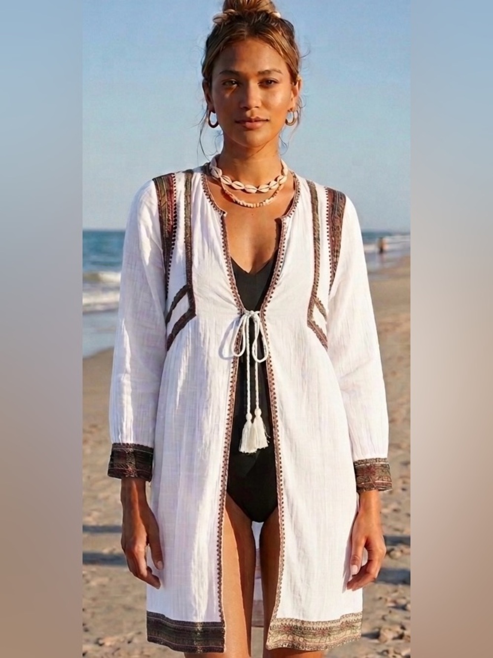Bohemian Beach embroidered white cover-up